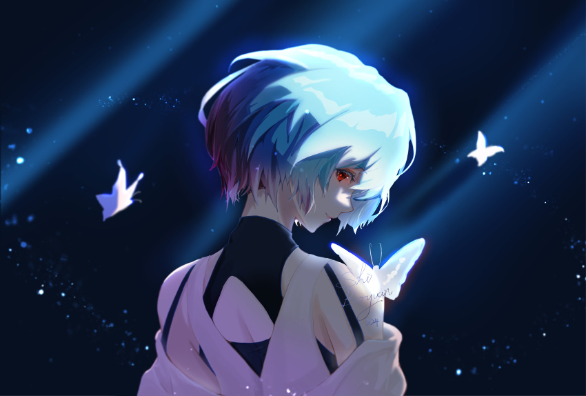 1girl, absurdres, ayanami_rei, back_cutout, blue_hair, bug, butterfly, chinese_commentary