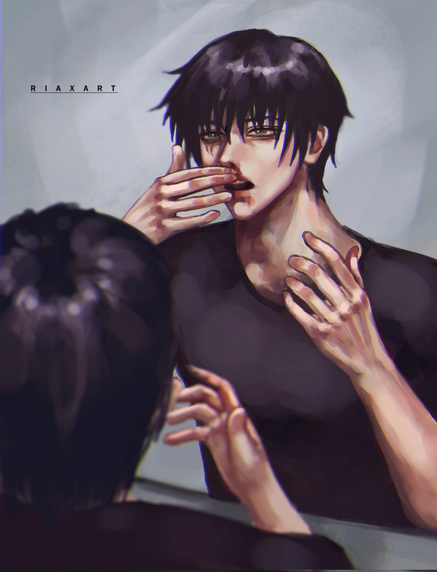 1boy, bangs, black_hair, black_shirt, blood, english_commentary, fushiguro_touji, green_eyes