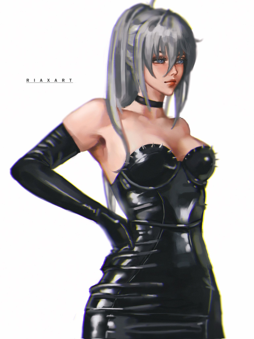 1girl, artist_name, blue_eyes, bodysuit, choker, closed_mouth, cowboy_shot, detached_sleeves, english_commentary, genderswap, genderswap_(mtf), gojou_satoru, hair_between_eyes, hands_on_hips, highres, jujutsu_kaisen, latex, latex_bodysuit, long_hair, looking_afar, riaxart, silver_hair, smile, solo, spikes, white_background