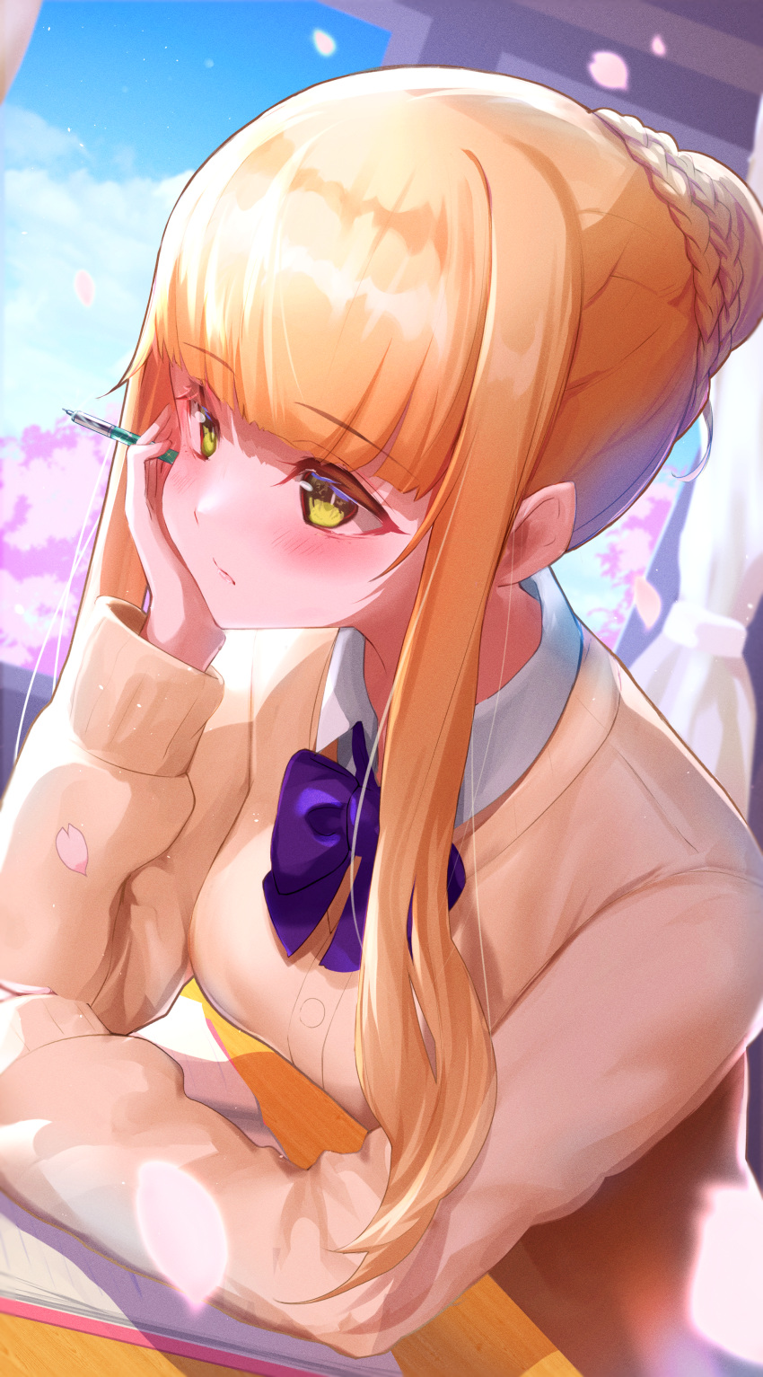 1girl, absurdres, bangs, blonde_hair, blue_sky, blurry, blurry_background, blush