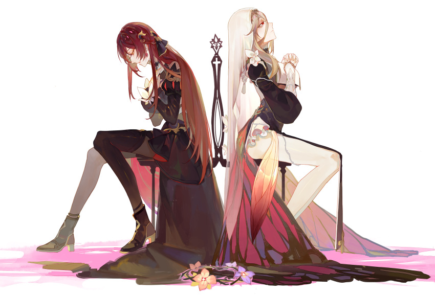 2girls, absurdres, aponia_(honkai_impact), back-to-back, bangs, black_footwear, black_legwear, blue_eyes, boots, brown_hair, chair, dress, eden_(honkai_impact), full_body, highres, honkai_(series), honkai_impact_3rd, long_hair, long_sleeves, multiple_girls, n0kio, nun, own_hands_together, purple_dress, seiza, simple_background, sitting, thigh-highs, violet_eyes, white_background