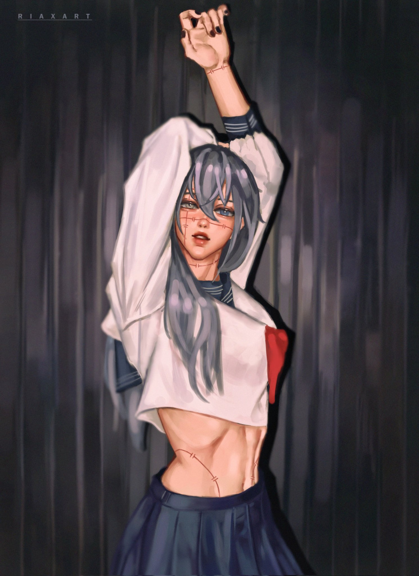 1girl, arm_up, blue_eyes, cowboy_shot, english_commentary, genderswap, genderswap_(mtf), hair_between_eyes