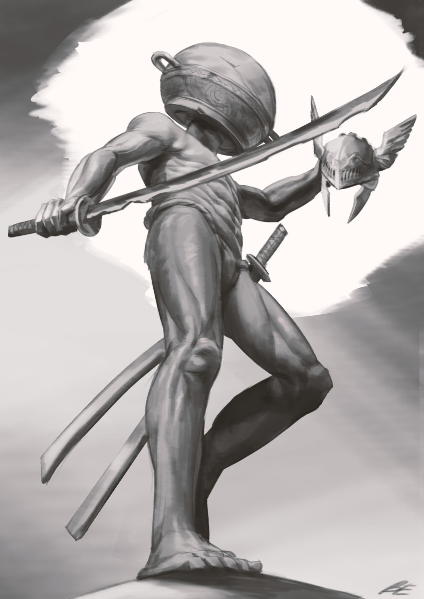 1boy, absurdres, boiled_egg27, elden_ring, greyscale, helmet, highres, holding, holding_sword, holding_weapon, katana, let_me_solo_her, long_hair, male_focus, malenia_blade_of_miquella, monochrome, muscular, muscular_male, navel, pot_on_head, simple_background, solo, sword, tarnished_(elden_ring), topless_male, weapon