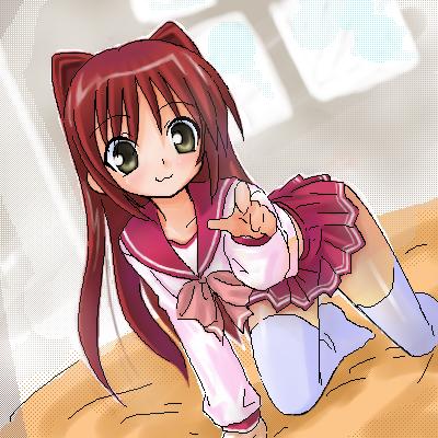 1girl, bad_id, bad_link, bed, bow, collared_shirt, green_eyes, kousaka_tamaki