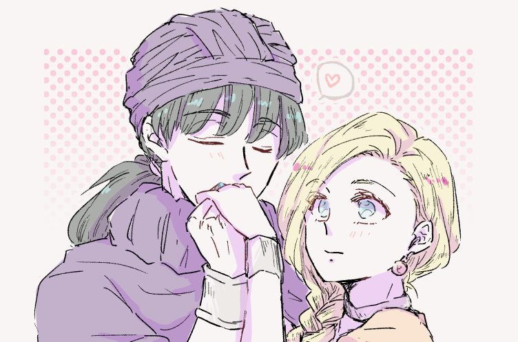 1boy, 1girl, bianca_(dq5), black_hair, blonde_hair, blue_eyes, blush, bracelet