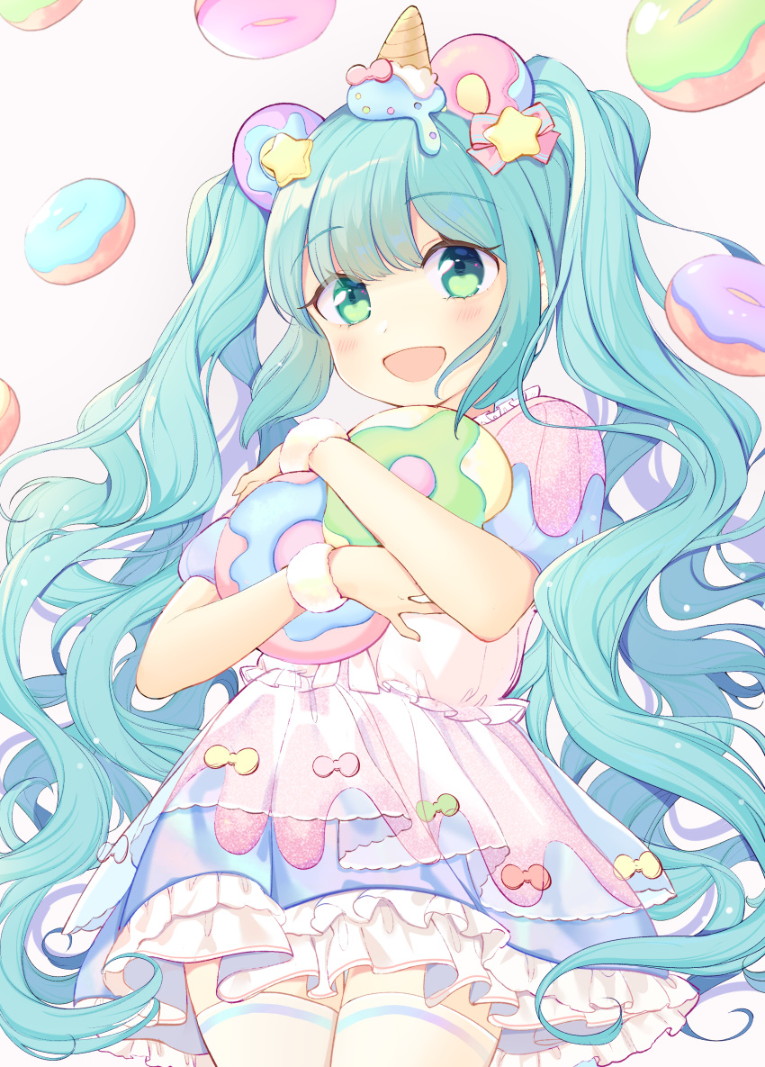 1girl, :d, absurdres, blue_hair, blush, bow, crbbie, doughnut