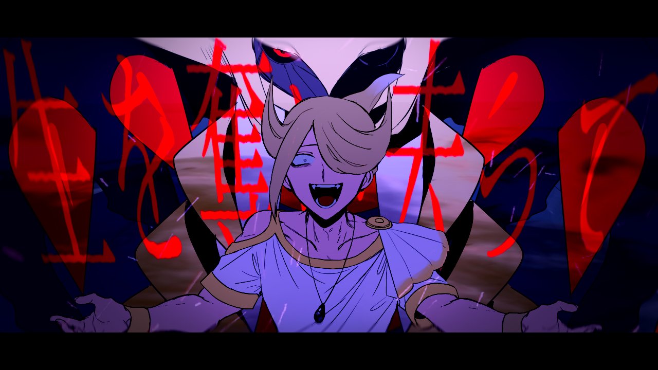 1boy, 1other, androgynous, bags_under_eyes, bangs, blonde_hair, collarbone, constricted_pupils
