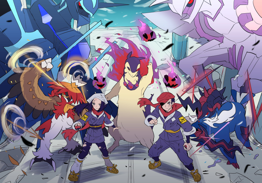 1boy, 5others, absurdres, akari_(pokemon), arm_up, beret, black_sash, blood, blood_on_face, blue_fur, blue_kimono, blue_legwear, blue_pants, blue_sky, brown_feathers, bruise, bruise_on_face, ceaseless_edge_(pokemon), clouds, debris, dialga, dialga_(origin), floating_scarf, frown, fuji_den_fujiko, galaxy_expedition_team_survey_corps_uniform, glowing, glowing_eyes, hat, head_scarf, highres, hisuian_decidueye, hisuian_samurott, hisuian_typhlosion, holding, holding_poke_ball, infernal_parade_(pokemon), injury, jacket, japanese_clothes, kimono, leaf, leaves_in_wind, leg_warmers, leggings, loose_socks, multiple_others, obi, orthodoxia_(vocaloid), palkia, palkia_(origin), pants, poke_ball, poke_ball_(legends), pokemon, pokemon_(creature), pokemon_(game), pokemon_legends:_arceus, red_eyes, red_headwear, red_scarf, rei_(pokemon), ruins, sash, scarf, serious, sky, spoilers, temple, torn_clothes, torn_legwear, triple_arrows_(pokemon), v-shaped_eyebrows, will-o'-the-wisp_(mythology)