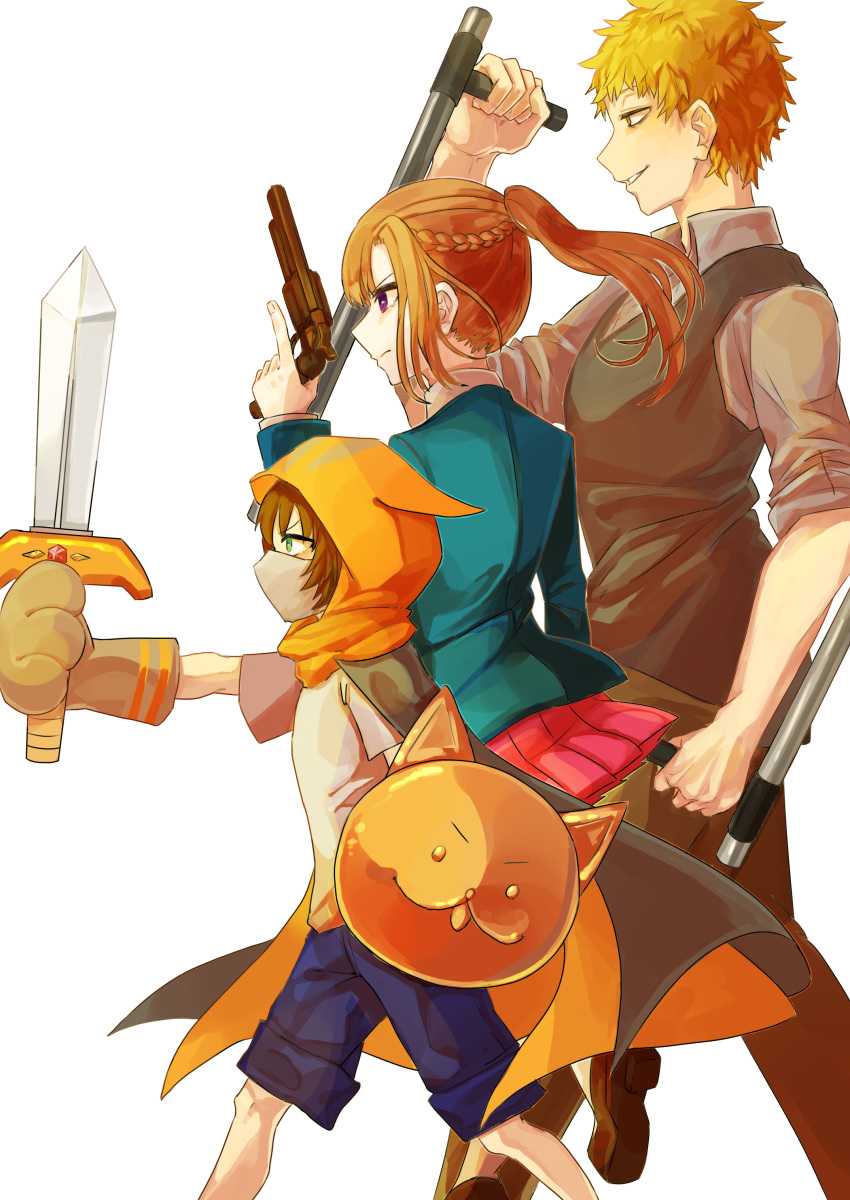 1girl, 2boys, absurdres, animal_hands, animal_hood, blazer, blonde_hair, braid