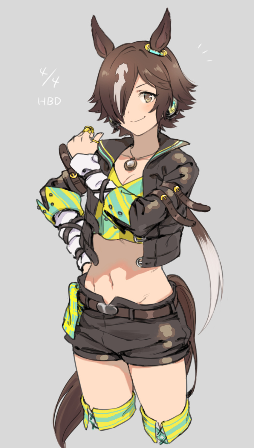 1girl, absurdres, animal_ears, bangs, belt, black_jacket, black_shorts, brown_hair