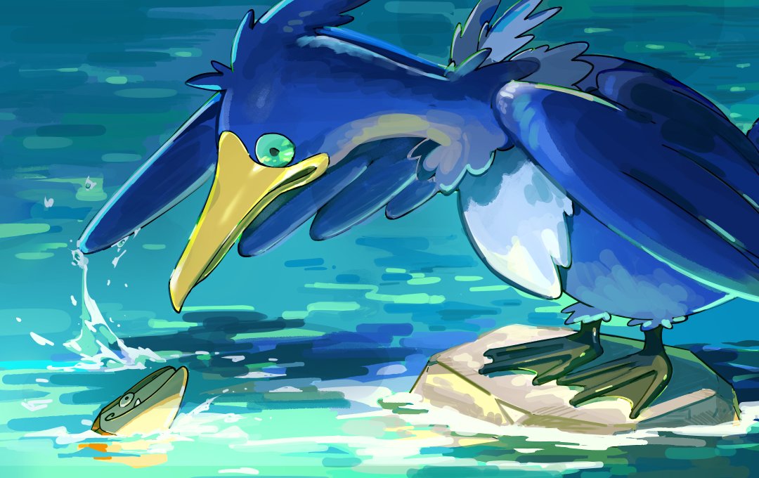 aqua_eyes, arrokuda, black_eyes, cramorant, fangs, looking_down, no_humans, pokemon