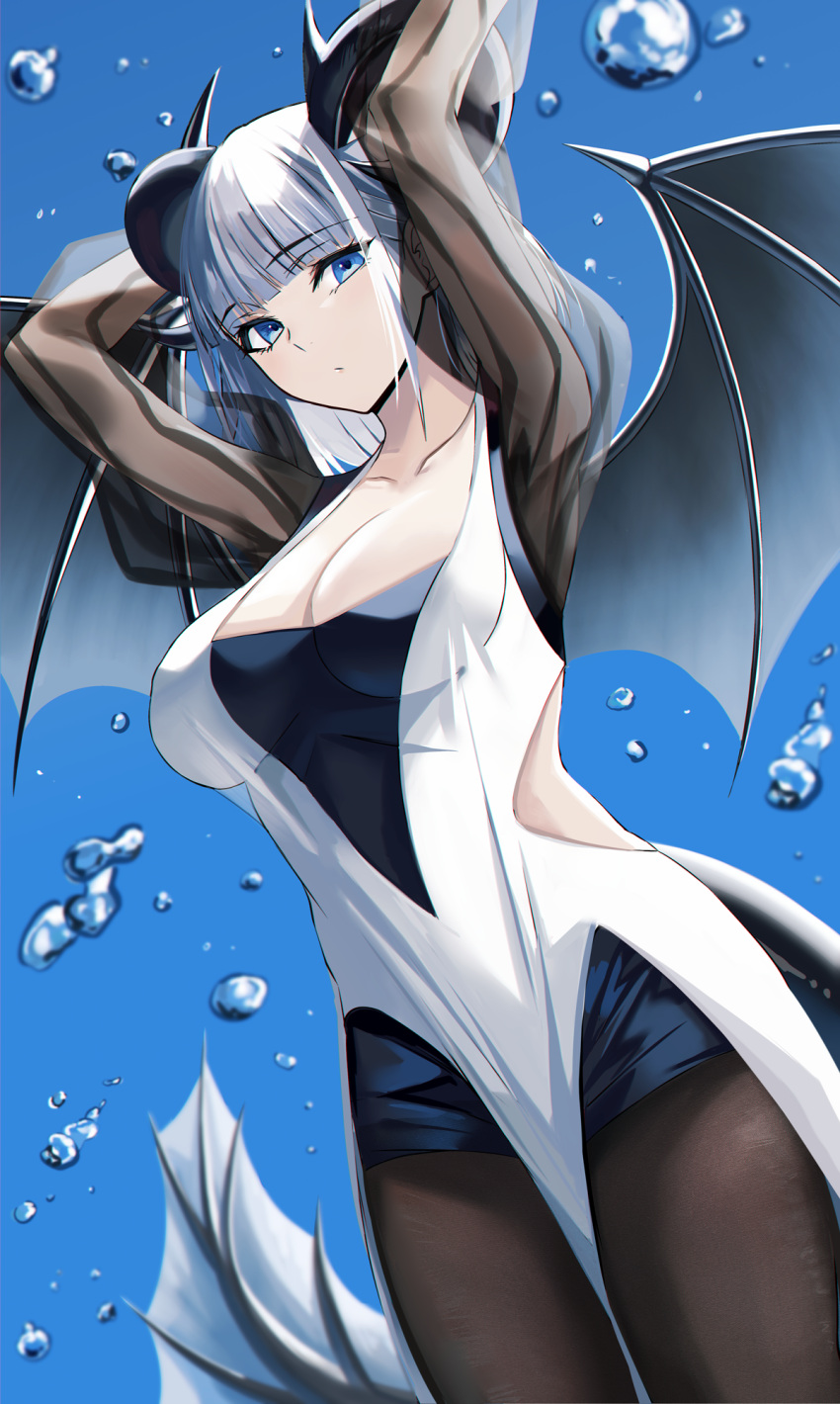 1girl, arms_up, bangs, black_legwear, blue_background, blue_eyes, blue_hair, blue_shorts