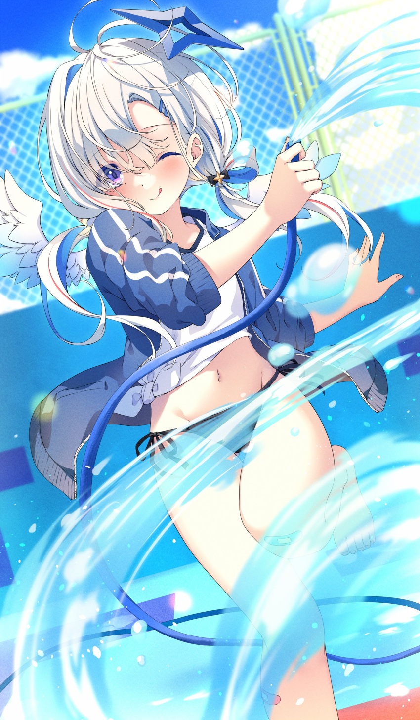 1girl, ;), ;q, absurdres, amane_kanata, angel_wings, bandaid, bandaid_on_knee