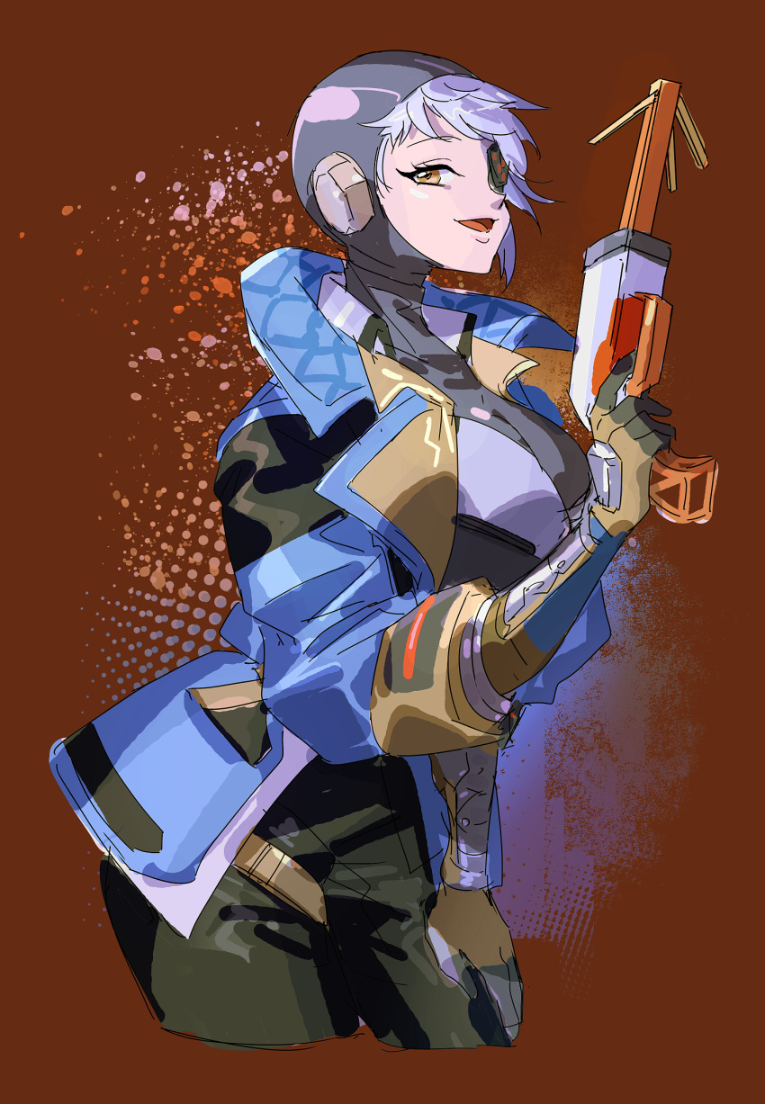 1girl, apex_legends, black_headwear, black_pants, blue_jacket, brown_background, brown_eyes, deep_current_wattson