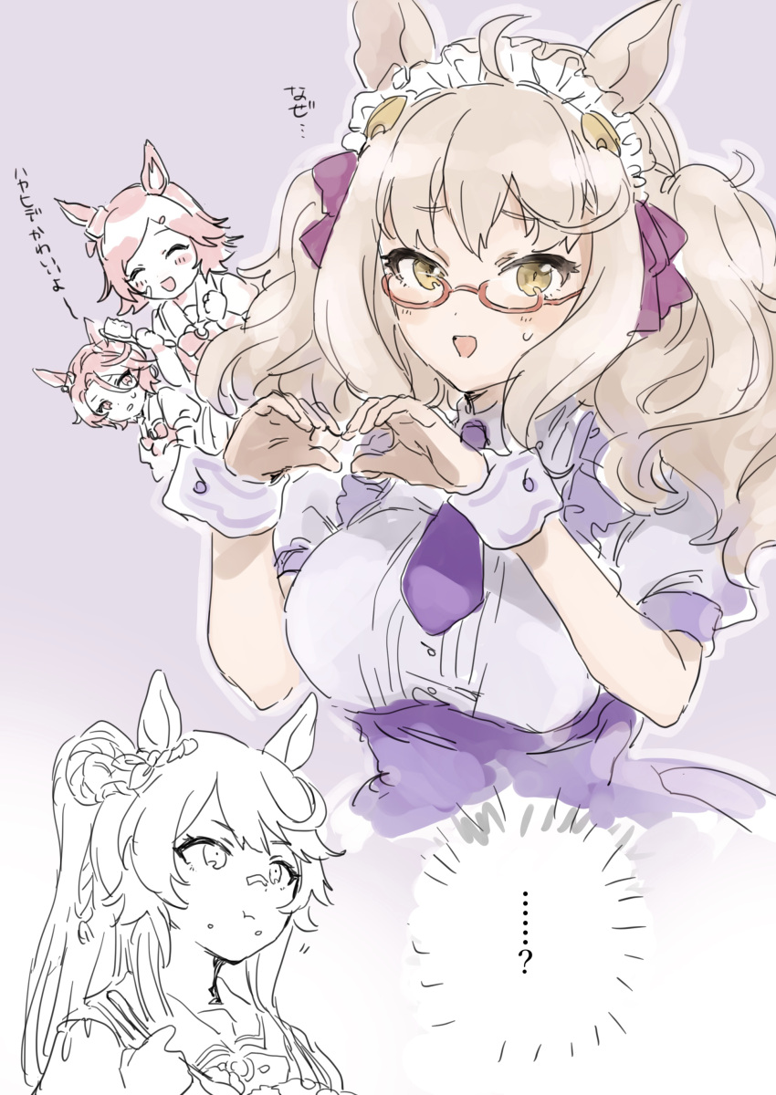 4girls, :d, ?, absurdres, animal_ears, bangs, blonde_hair, bow