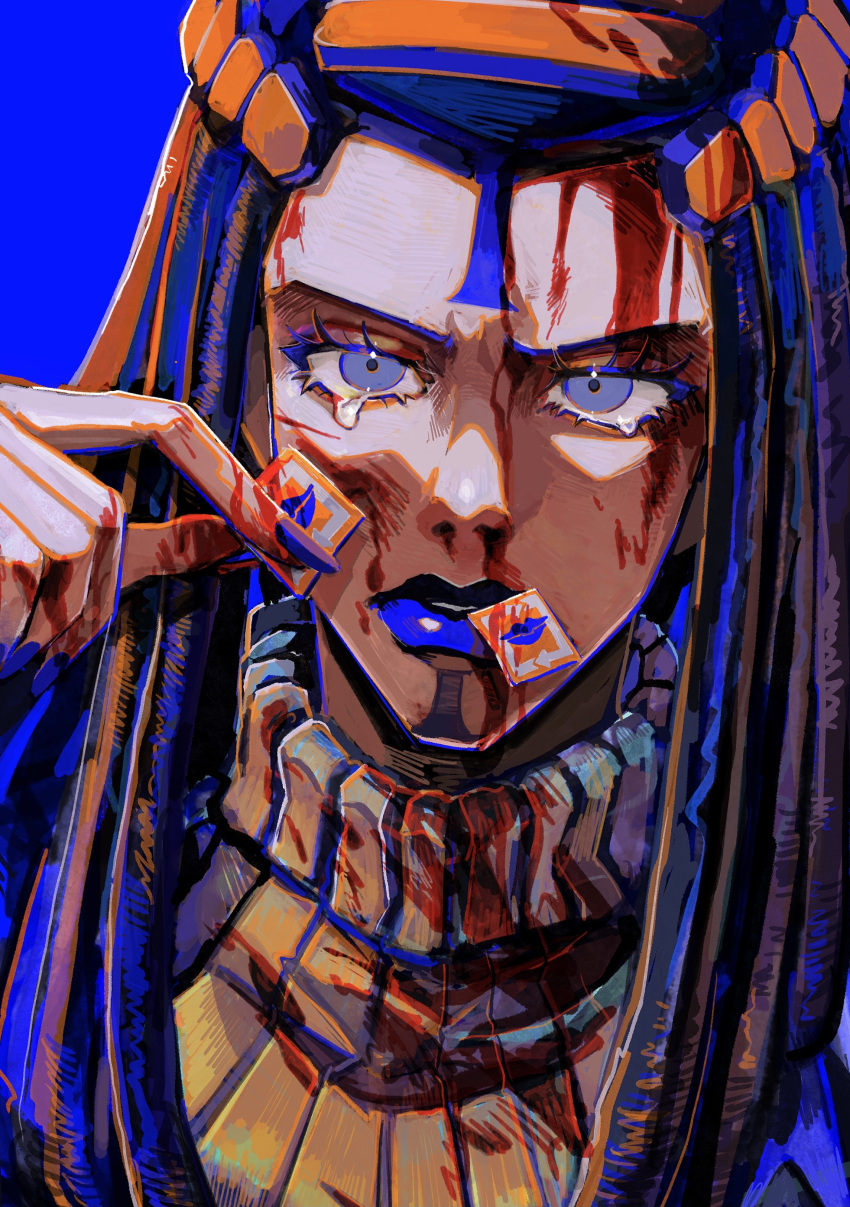 1girl, absurdres, black_hair, blood, blood_on_clothes, blood_on_face, blue_eyes, blue_lips