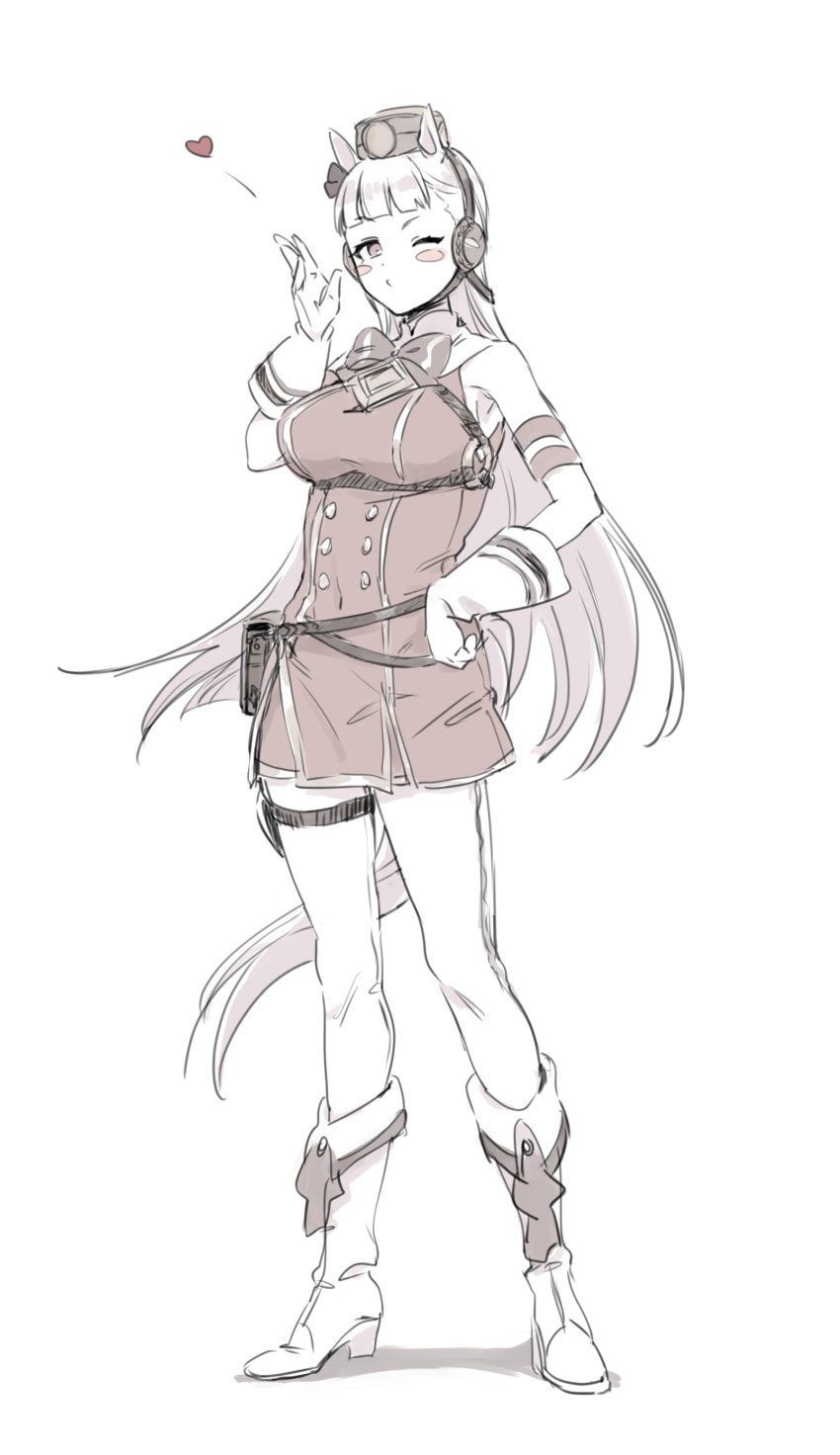 1girl, absurdres, animal_ears, bangs, bare_shoulders, blowing_kiss, boots, bow