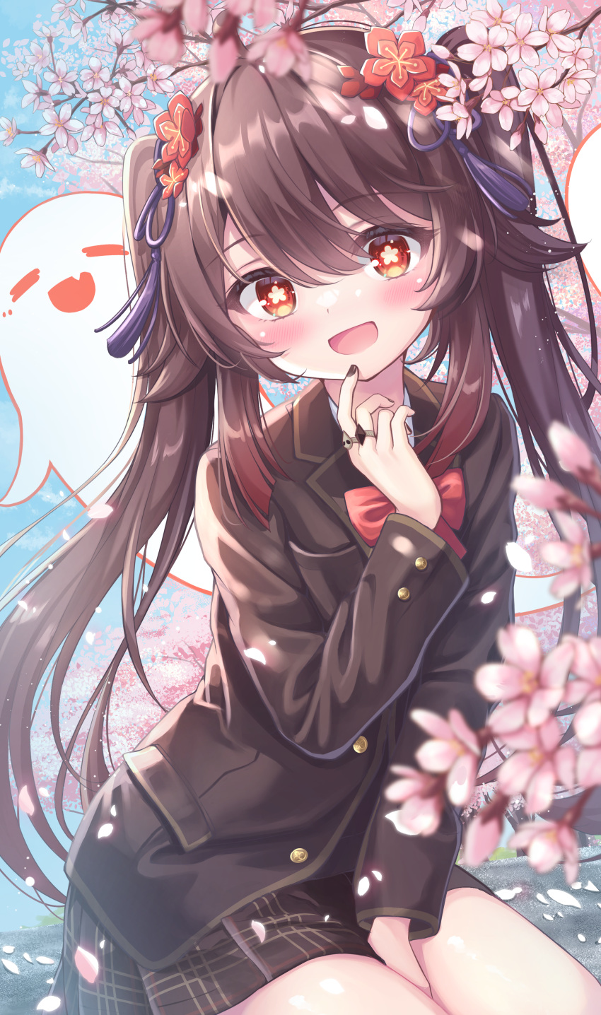 1girl, black_dress, blue_sky, blush, buttons, cloud, cloudy_sky, cute, flower, genshin_impact, ghost, hairpin, hand_on_own_face, hand_on_own_thigh, hu_tao_(genshin_impact), looking_at_viewer, ribbon, sakura_tree, scenery, short_shorts, sitting, smile, solo, solo_focus, stone, tree, twintails