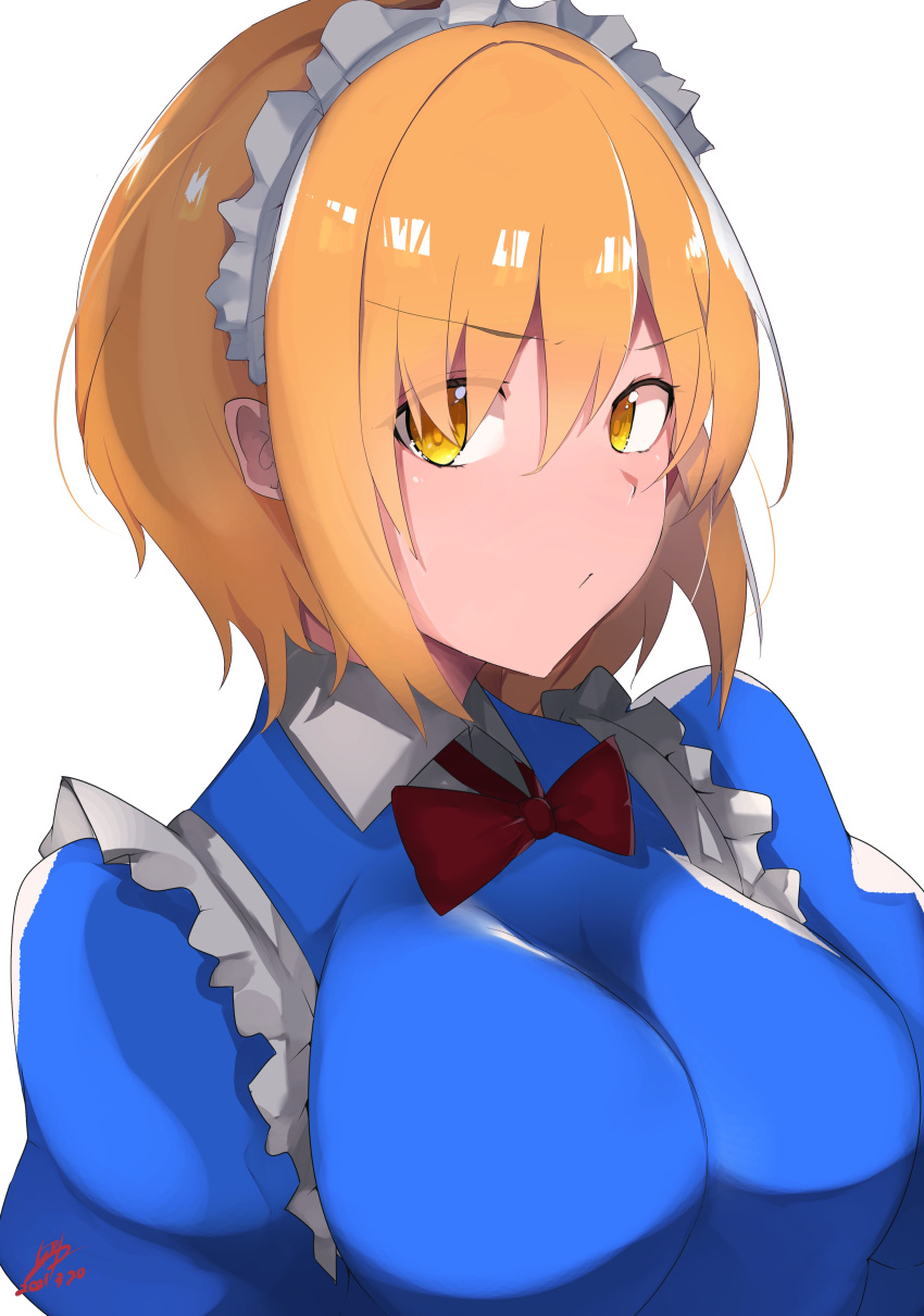 1girl, absurdres, blonde_hair, bow, bowtie, breasts, chiru_(218mg), collared_dress