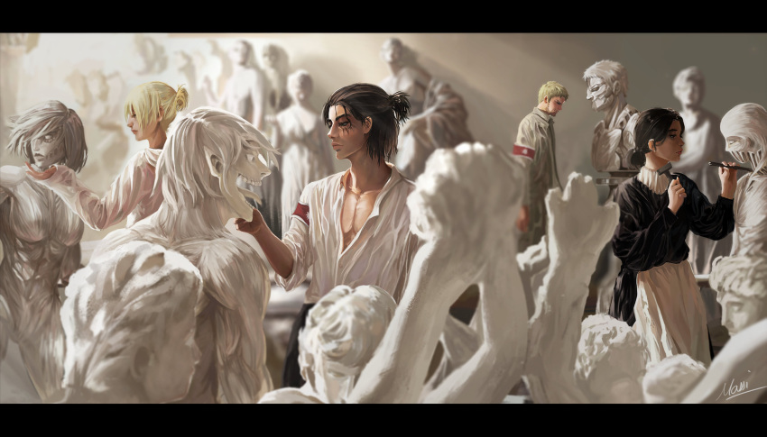 2boys, 2girls, absurdres, annie_leonhardt, apron, armored_titan, beard, black_hair