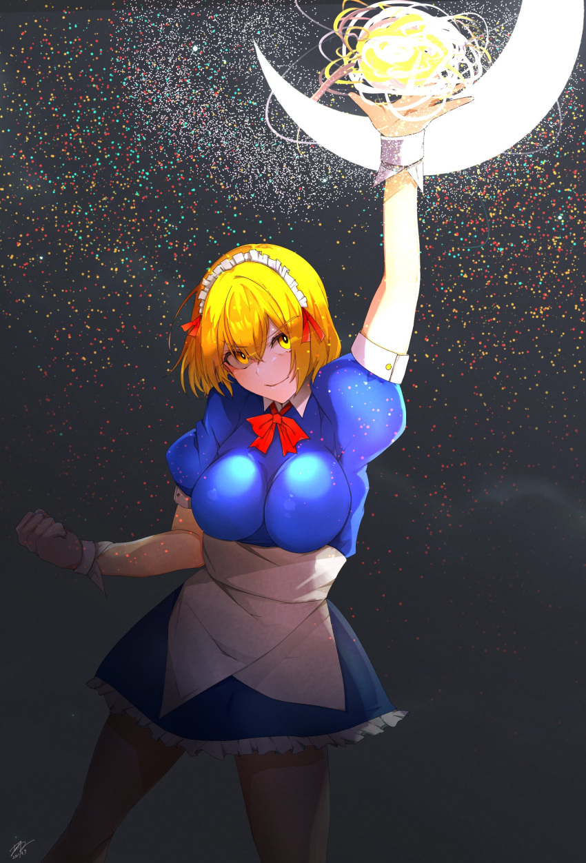 1girl, absurdres, apron, blonde_hair, blue_dress, bow, bowtie, breasts