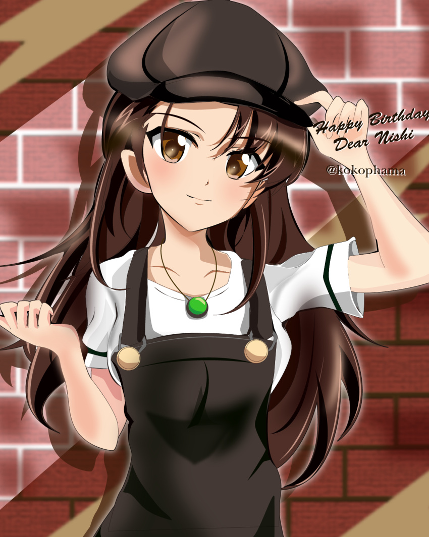 1girl, adjusting_clothes, adjusting_headwear, birthday, black_eyes, black_hair, black_headwear, black_overalls, brick_wall, cabbie_hat, casual, character_name, closed_mouth, commentary, cursive, english_text, girls_und_panzer, happy_birthday, hat, highres, jewelry, kokophama, long_hair, looking_at_viewer, necklace, nishi_kinuyo, overalls, shadow, shirt, short_sleeves, smile, solo, standing, t-shirt, twitter_username, white_shirt