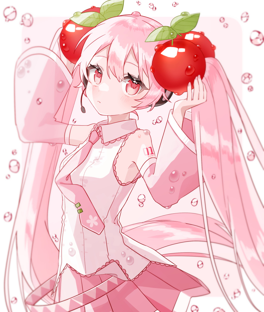 1girl, bangs, bare_shoulders, belt, blurry, blush, bubble, cherry_hair_ornament, closed_mouth, collared_shirt, detached_sleeves, expressionless, food-themed_hair_ornament, hair_ornament, hatsune_miku, headphones, highres, lace_trim, long_hair, long_sleeves, looking_at_viewer, miniskirt, nail_polish, necktie, patterned_clothing, pink_hair, re_eva, sakura_miku, shirt, skirt, sleeves_past_wrists, solo, twintails, very_long_hair, vocaloid, water_drop