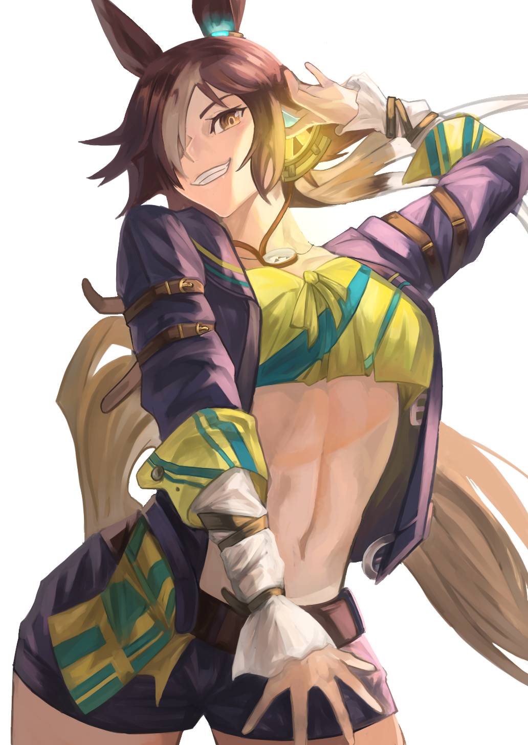 1girl, :d, animal_ears, arm_up, bangs, black_jacket, black_shorts, brown_hair, grin, hair_over_one_eye, highres, horse_ears, horse_girl, horse_tail, jacket, long_hair, looking_at_viewer, navel, notiu, ponytail, shirt, shorts, simple_background, smile, solo, tail, umamusume, vodka_(umamusume), white_background, yellow_eyes, yellow_shirt