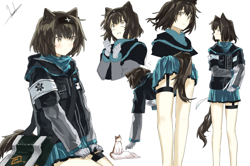 1girl, animal, animal_ears, arknights, armband, ass, bag, bangs, bent_over, black_hair, black_hairband, black_jacket, blue_skirt, brown_eyes, cat, clenched_teeth, commentary_request, eyebrows_visible_through_hair, flying_sweatdrops, gloves, grey_gloves, grey_shirt, hair_between_eyes, hairband, highres, holding, hood, hood_down, hooded_jacket, jacket, layered_sleeves, long_sleeves, looking_away, multiple_views, pleated_skirt, rhodes_island_medic_(arknights), shirt, short_over_long_sleeves, short_sleeves, shoulder_bag, simple_background, skirt, tail, teeth, white_background, yoshida_horo