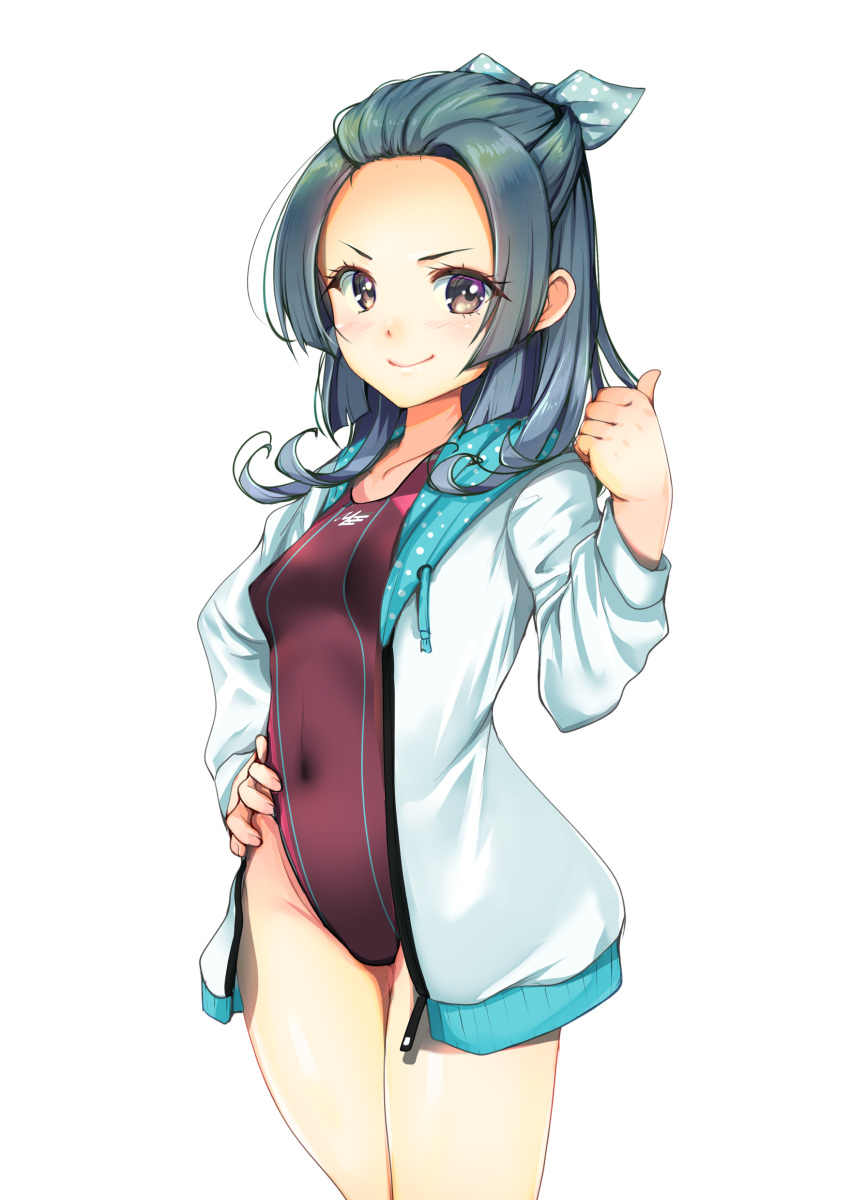 absurdres, aqua_bow, bow, breasts, brown_eyes, collarbone, competition_swimsuit, covered_navel