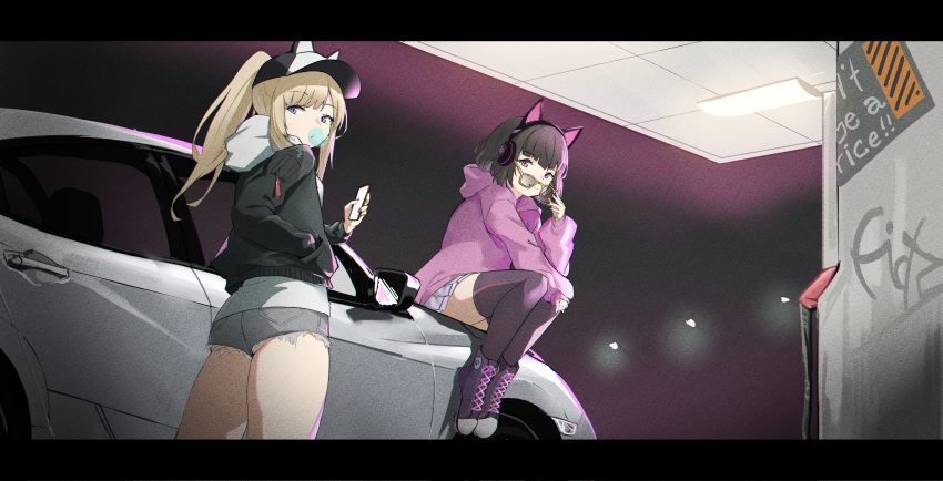 0shino, 2girls, absurdres, animal_ear_headphones, animal_ears, animal_hat, bangs, baseball_cap