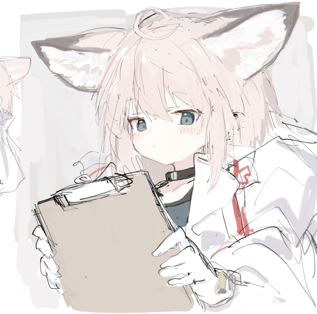 1girl, ahoge, animal_ear_fluff, animal_ears, arknights, bangs, black_choker, blush