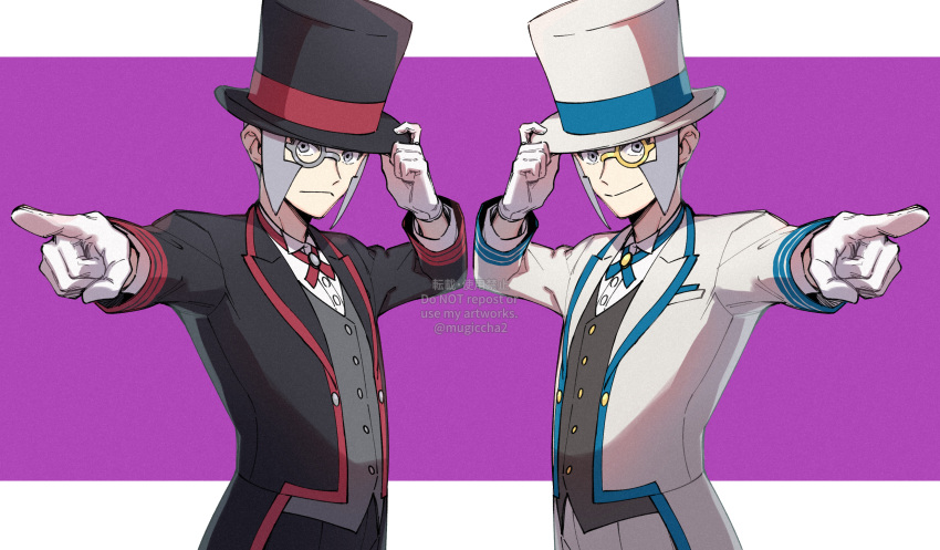 2boys, absurdres, black_headwear, blue_ribbon, brothers, buttons, collared_shirt, commentary_request, emmet_(pokemon), gloves, grey_eyes, grey_hair, grey_vest, hand_on_headwear, hat, highres, ingo_(pokemon), long_sideburns, male_focus, monocle, mugiccha2, multiple_boys, neck_ribbon, official_alternate_costume, pointing, pokemon, pokemon_(game), pokemon_masters_ex, purple_background, red_ribbon, ribbon, shirt, short_hair, siblings, sideburns, tailcoat, top_hat, vest, white_gloves, white_shirt
