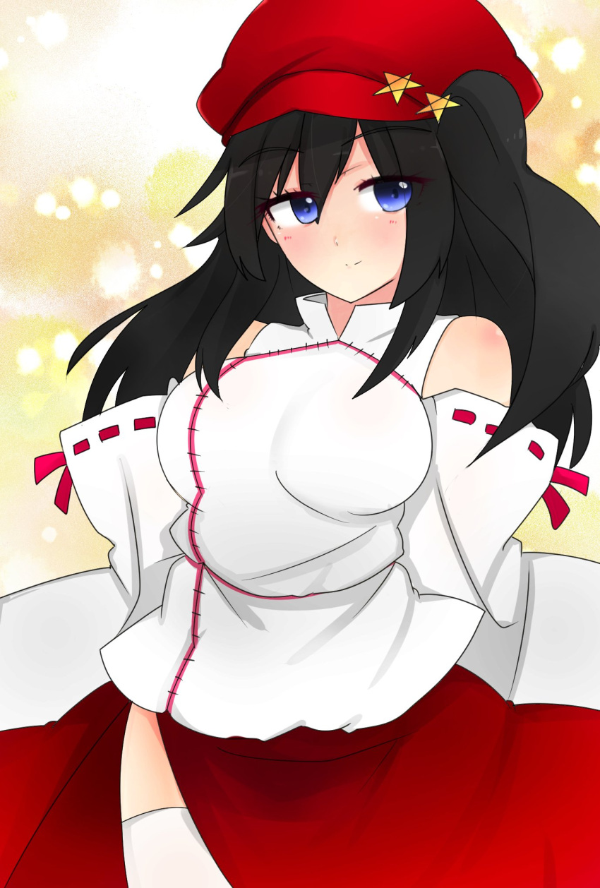 1girl, bare_shoulders, black_hair, blue_eyes, breasts, cabbie_hat, chiru_(218mg), closed_mouth