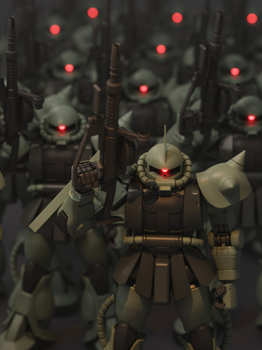 3d, absurdres, army, blender_(medium), blurry, blurry_background, cable, cyclops, english_commentary, glowing, glowing_eye, gun, gundam, gunpla, highres, hose, machine_gun, machinery, mecha, mjeff, mobile_suit, mobile_suit_gundam, model_kit, one-eyed, photorealistic, radio_antenna, realistic, red_eyes, shield, spikes, tube, weapon, zaku, zaku_ii, zeon