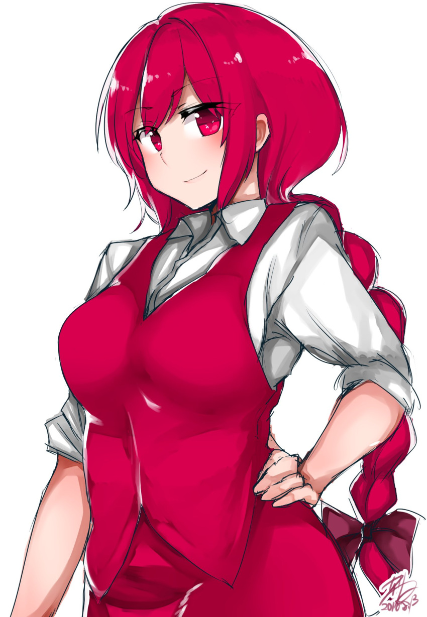 1girl, bangs, braid, chiru_(218mg), closed_mouth, collared_shirt, commentary_request, contrapposto