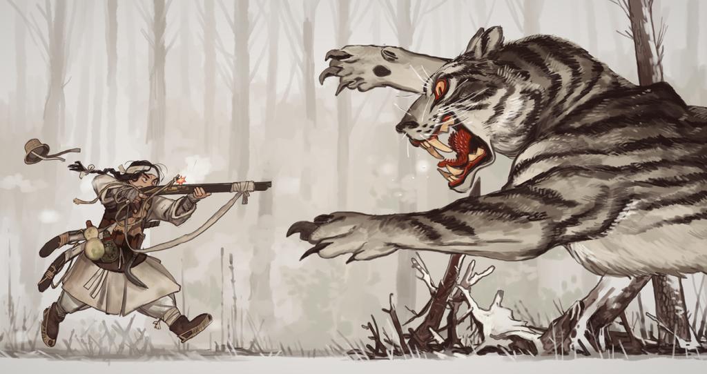 1other, aiming, ambiguous_gender, animal, ankle_boots, antique_firearm, black_hair, boots, bow, braid, brown_footwear, brown_vest, fingerless_gloves, firelock, flintlock, floating_hat, forest, from_side, gloves, gourd, grey_gloves, gun, hair_bow, hat, hat_removed, headwear_removed, holding, holding_gun, holding_weapon, long_hair, long_sleeves, mossacannibalis, musket, nature, original, oversized_animal, robe, running, solo, tiger, vest, weapon, white_bow, white_tiger