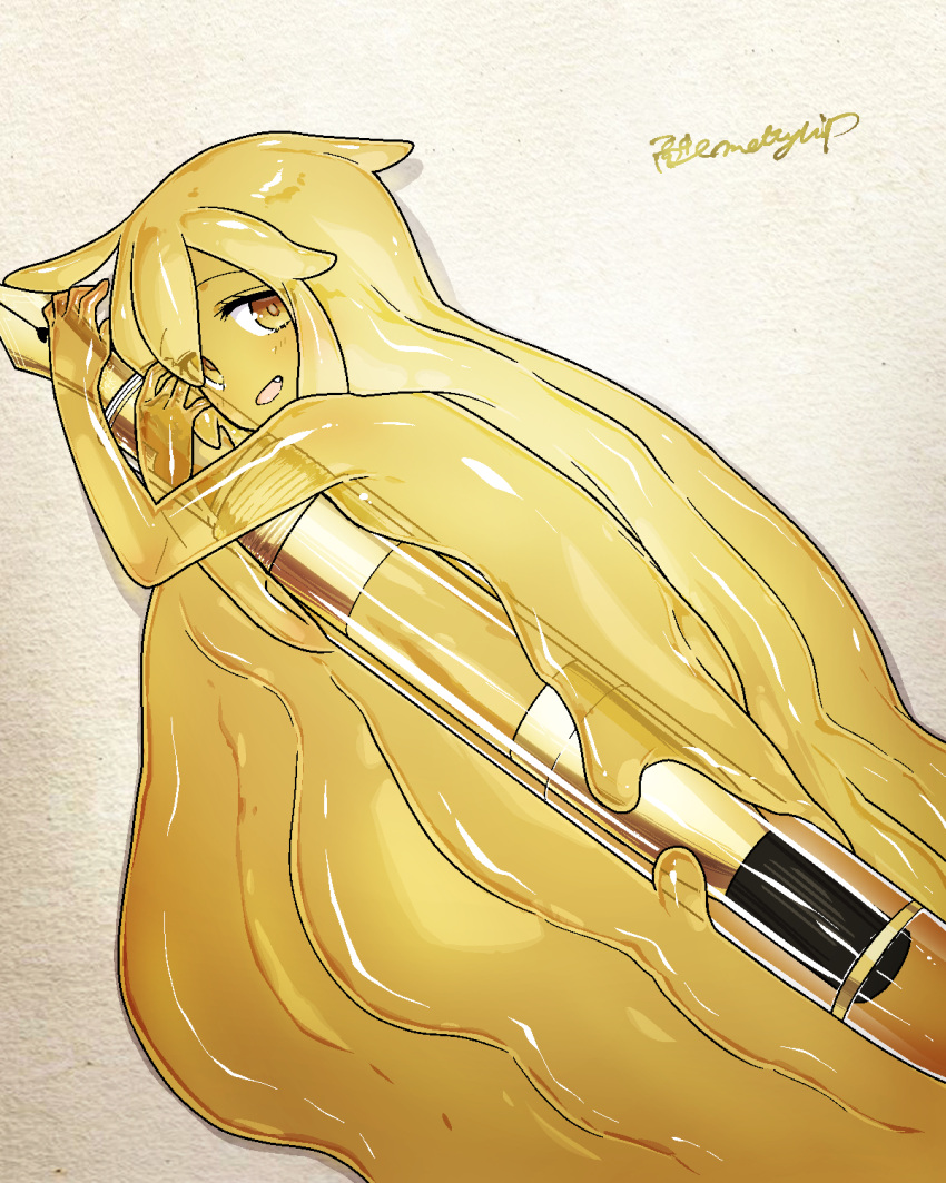 1girl, :d, akira_(meltyhip), blonde_hair, brown_eyes, colored_skin, fang, from_above, highres, long_hair, looking_at_viewer, lying, melting, minigirl, monster_girl, nib_pen_(object), object_hug, on_side, original, pen, signature, slime_girl, smile, solo, very_long_hair, yellow_skin, yellow_theme