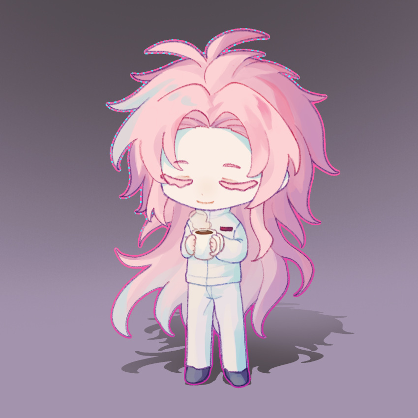 1boy, antenna_hair, chibi, chinese_commentary, closed_eyes, closed_mouth, colored_eyelashes, cup, dot_nose, full_body, gradient, gradient_background, grey_footwear, hair_intakes, hatsutori_hajime, highres, holding, holding_cup, long_hair, long_sleeves, mug, pants, pink_hair, qingfengwai, saibou_shinkyoku, shadow, shirt, smile, solo, standing, steam, very_long_hair, white_pants, white_shirt