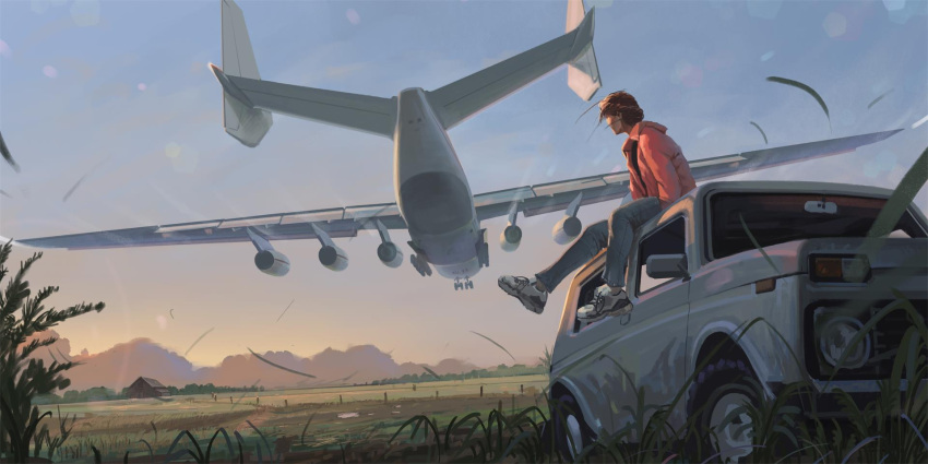 1girl, aircraft, airplane, antonov_an-225, blue_sky, brown_hair, car, coat