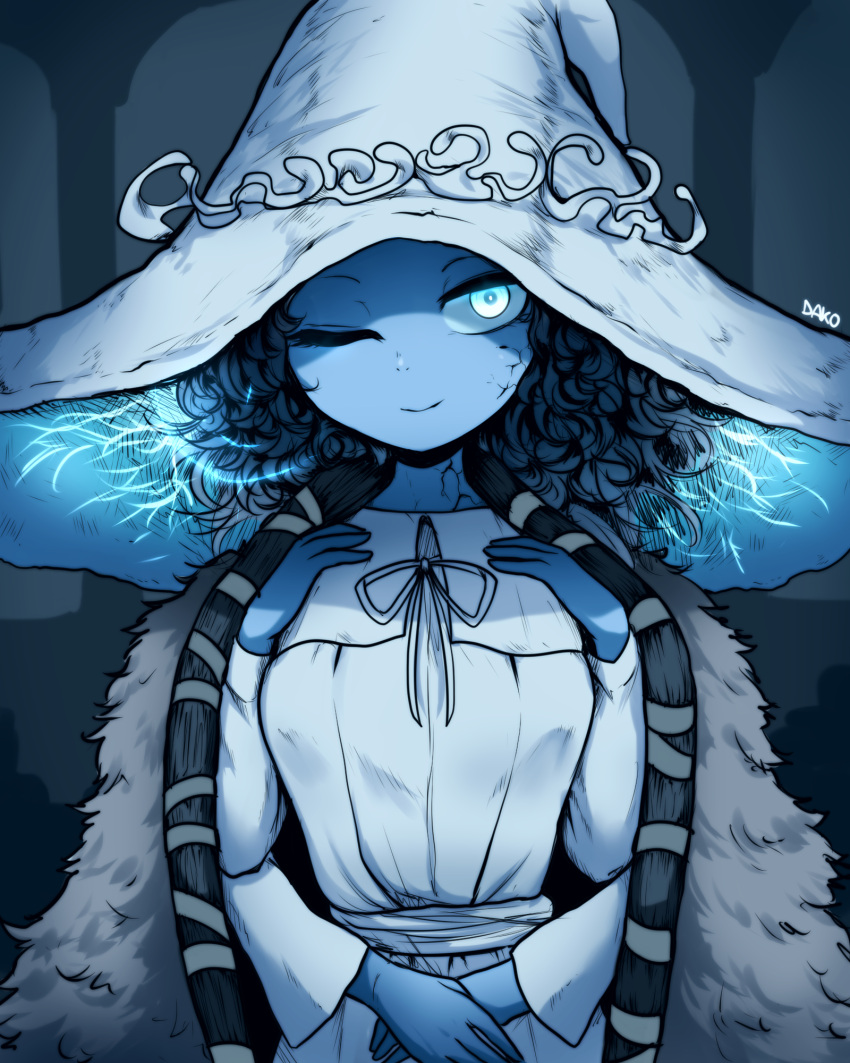 1girl, artist_name, blue_skin, cape, closed_mouth, colored_skin, commentary_request, cracked_skin