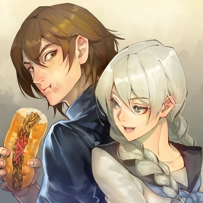 2boys, back-to-back, blue_shirt, braid, brown_eyes, brown_hair, crossdressing, eating