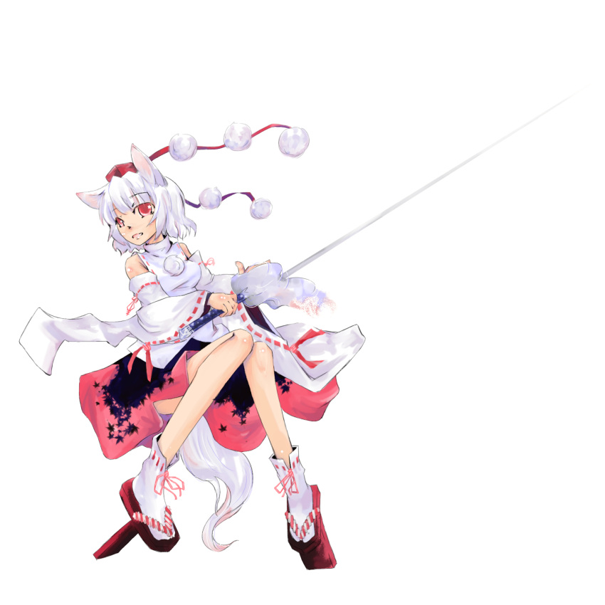 animal_ears, detached_sleeves, geta, hat, highres, inubashiri_momiji, nazo, red_eyes