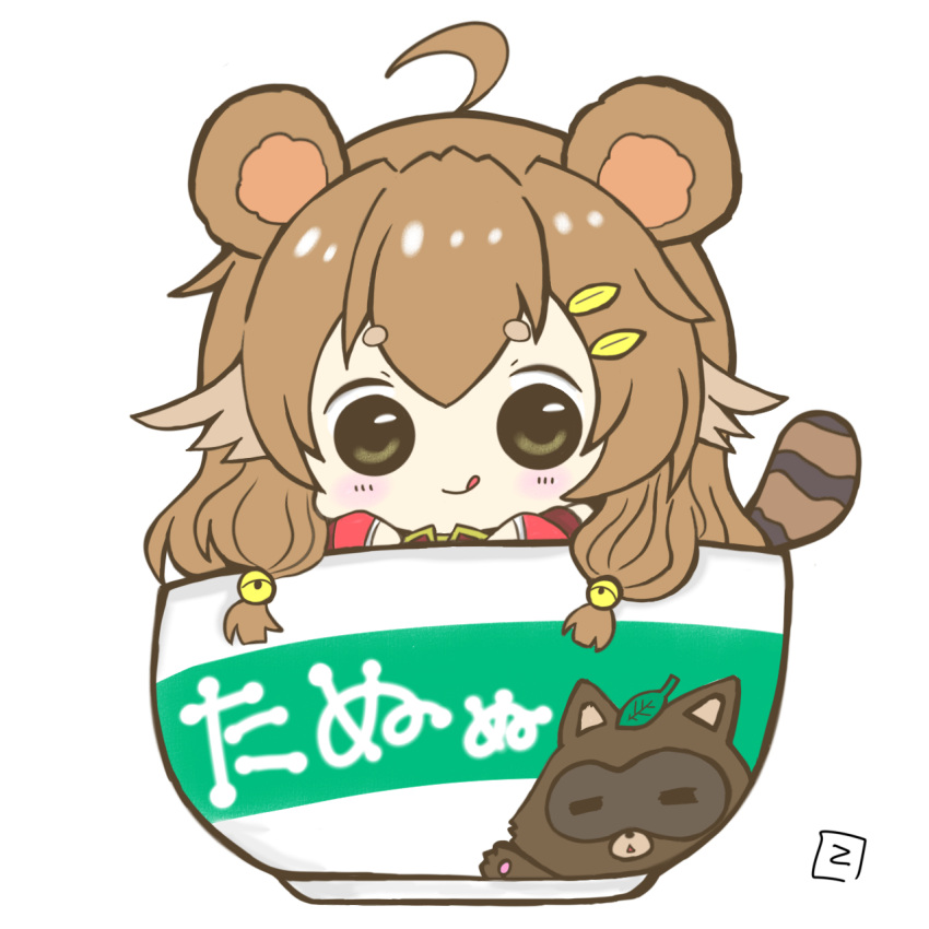 1girl, :q, ahoge, animal_ears, bell, blush_stickers, brown_eyes, brown_hair