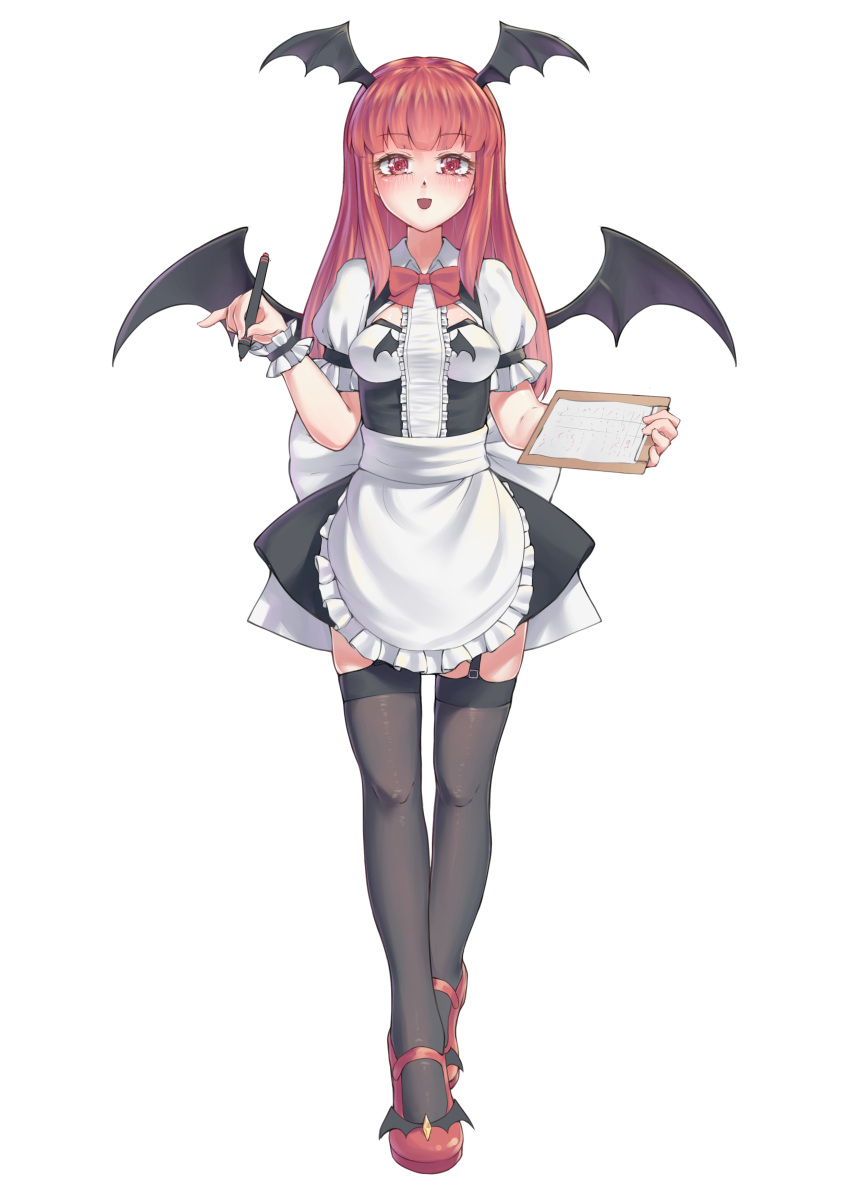 1girl, :d, absurdres, alternate_costume, apron, bangs, bat_wings, black_legwear