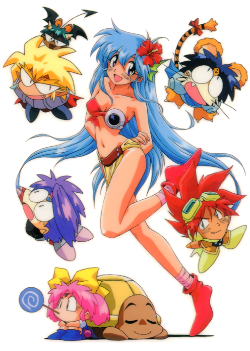 1990s_(style), 3boys, 3girls, akumako, arms_behind_back, black_hair, blonde_hair, blue_hair
