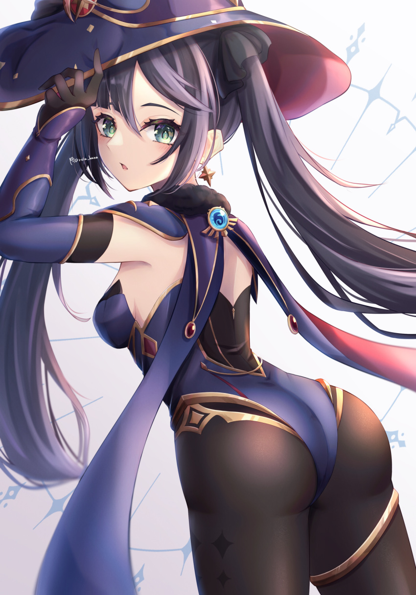 1girl, ass, bangs, black_gloves, black_hair, black_legwear, blue_leotard, breasts, capelet, cowboy_shot, detached_sleeves, dutch_angle, earrings, elbow_gloves, from_behind, fur_collar, genshin_impact, gloves, gold_trim, green_eyes, hand_on_headwear, hand_up, hat, highres, jewelry, leotard, long_hair, looking_at_viewer, looking_back, medium_breasts, mona_(genshin_impact), open_mouth, reia_hana, solo, star_(symbol), star_earrings, twintails, vision_(genshin_impact), witch_hat