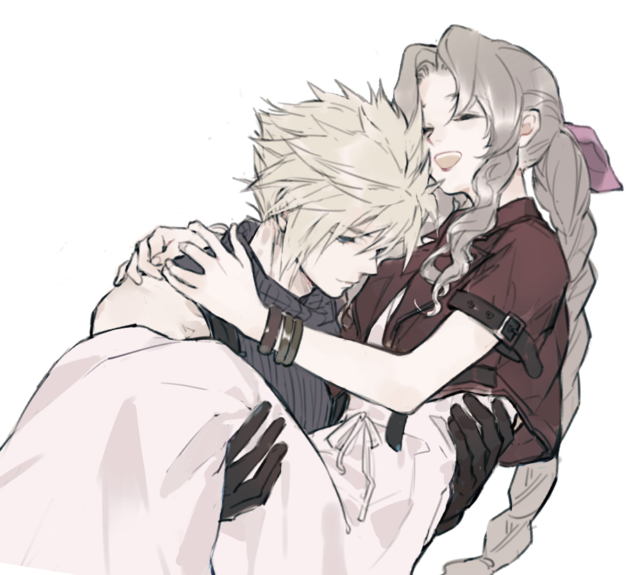 1boy, 1girl, aerith_gainsborough, arms_around_neck, asymmetrical_hair, bangs, blonde_hair, blue_eyes