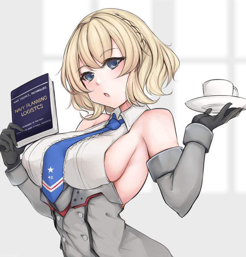 1girl, :o, bangs, black_gloves, blonde_hair, blue_eyes, blue_necktie, book