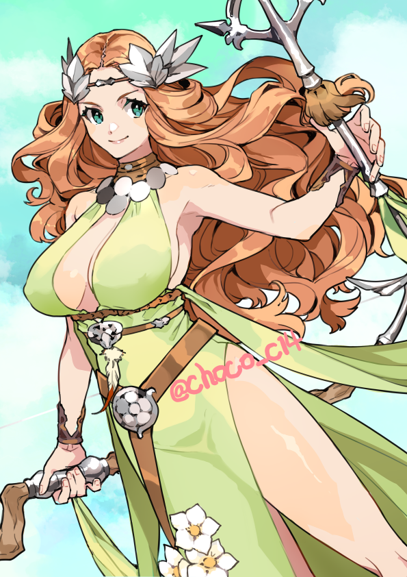 >:), 1girl, bare_shoulders, belt, blue_background, blue_eyes, breasts, brown_collar